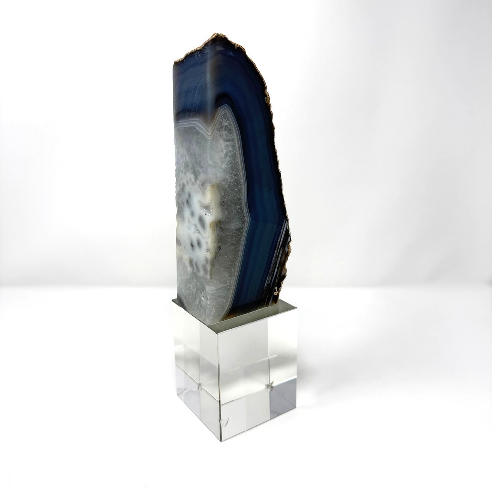 Large Brazilian Blue Banded Agate Geode Slice Druzy Quartz Glass Base 11.5in